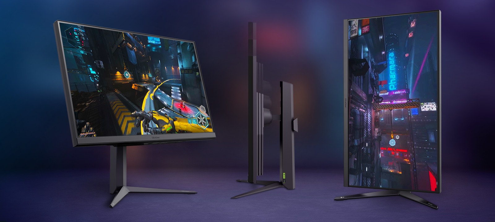 Three monitor images demonstrating tilt, pivot, and height adjustments.	