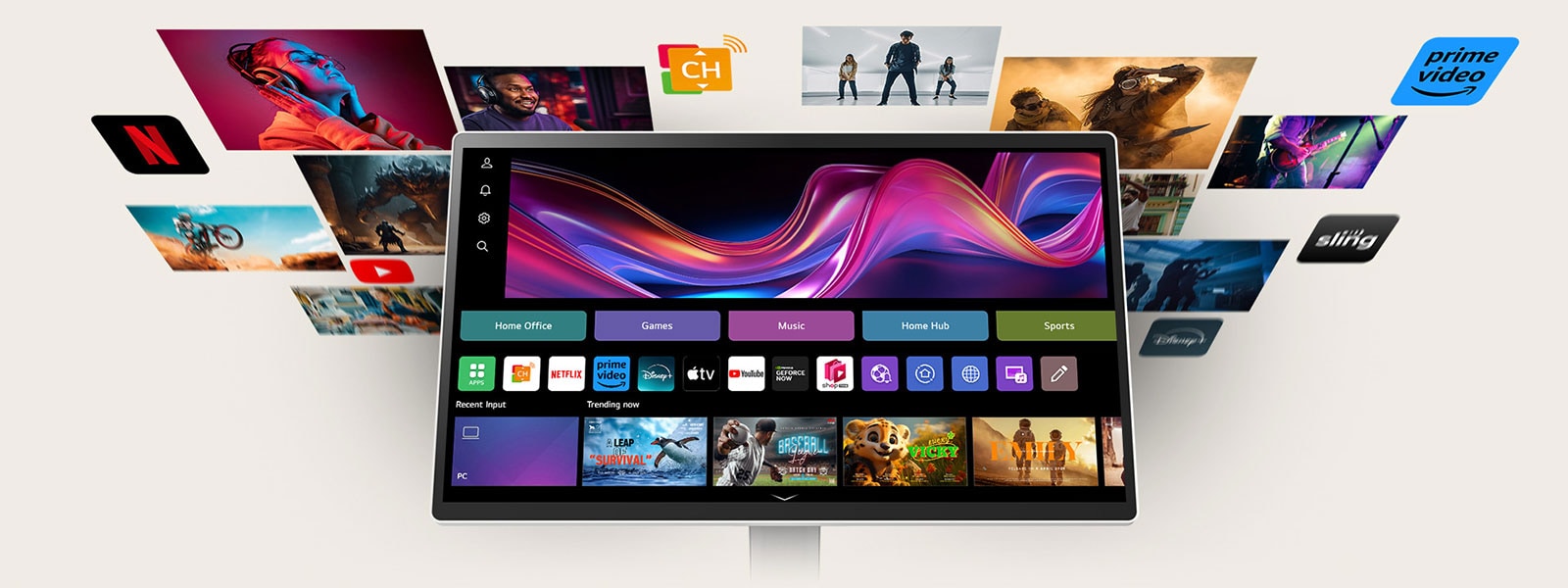 webOS ofrece acceso a Netflix, Prime Video, Disney+, YouTube y más. Control fácil, diseño sin bordes y sonido estéreo claro.