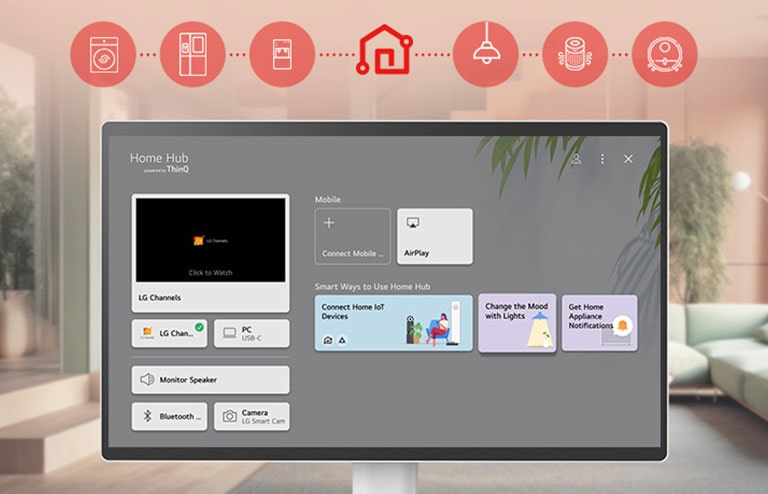 La pantalla del LG Smart Monitor Swing está mostrando la interfaz del ThinQ Home Dashboard.