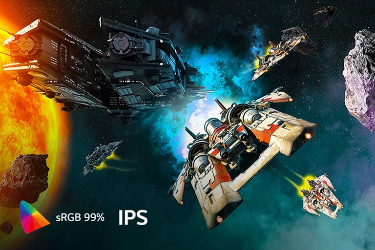 Batalla espacial con naves y sol brillante; destaca “sRGB 99%” e “IPS” para color real y ángulos amplios.