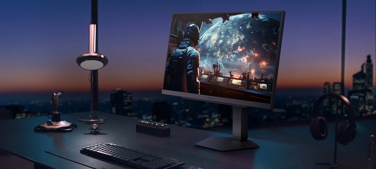 Vista frontal y trasera del UltraGear™ 27G440A mostrando escena de carrera futurista.