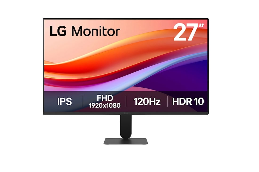 LG Monitor LG IPS Full HD de 27 pulgadas y 120 Hz con diseño prácticamente sin bordes en los cuatro lados, sRGB 99 % (típico), HDR 10 y 1 ms MBR., front view, 27U411A-B
