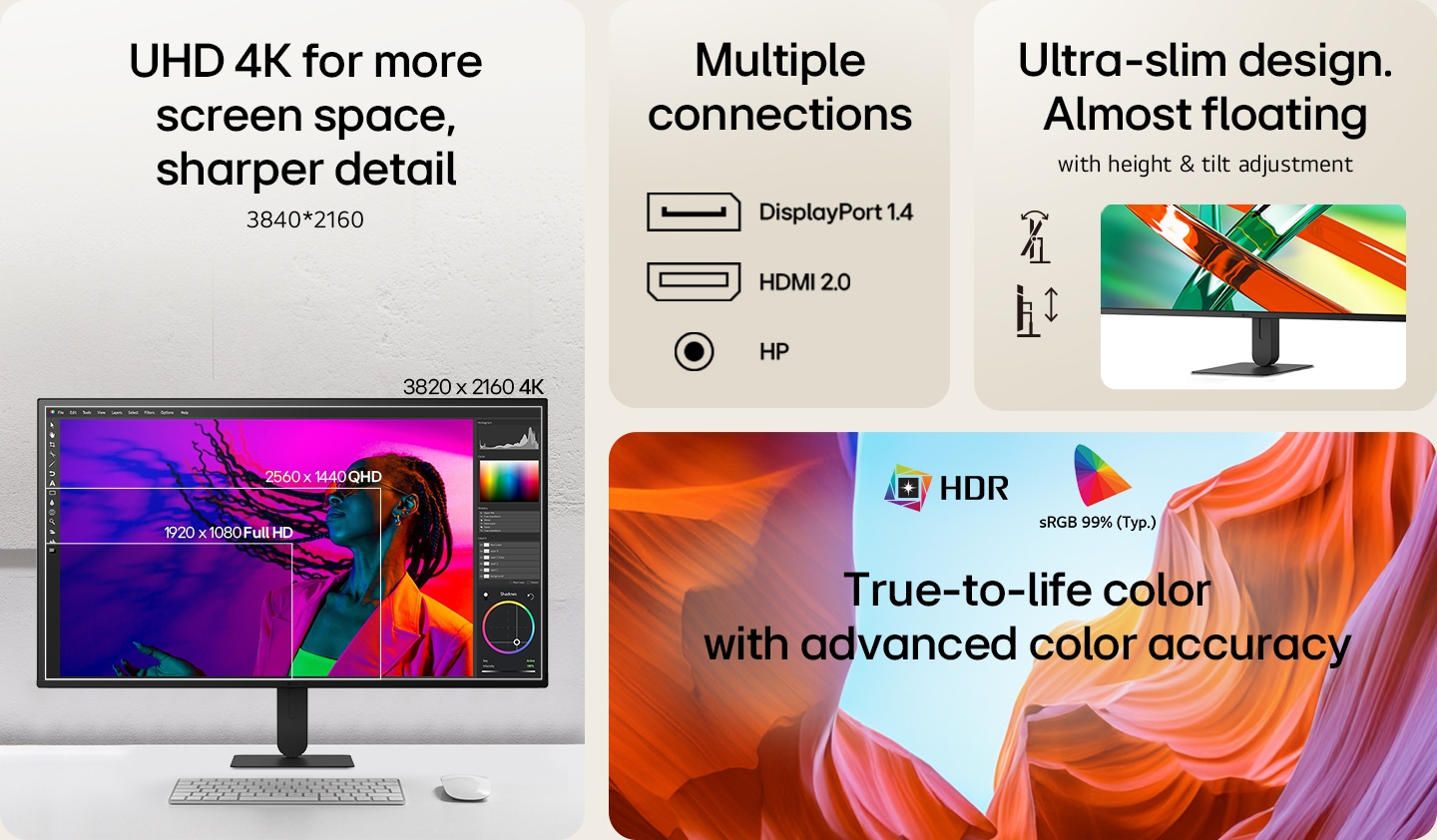 Las características destacadas del monitor LG UHD 4K presentan una resolución de pantalla de 3840x2160, múltiples opciones de conexión y configuraciones ajustables de altura e inclinación.