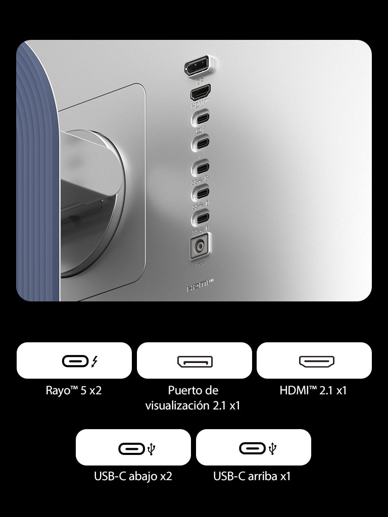 Imagen de primer plano de los puertos del monitor UltraFine para mostrar las distintas conectividades de cables que tiene.