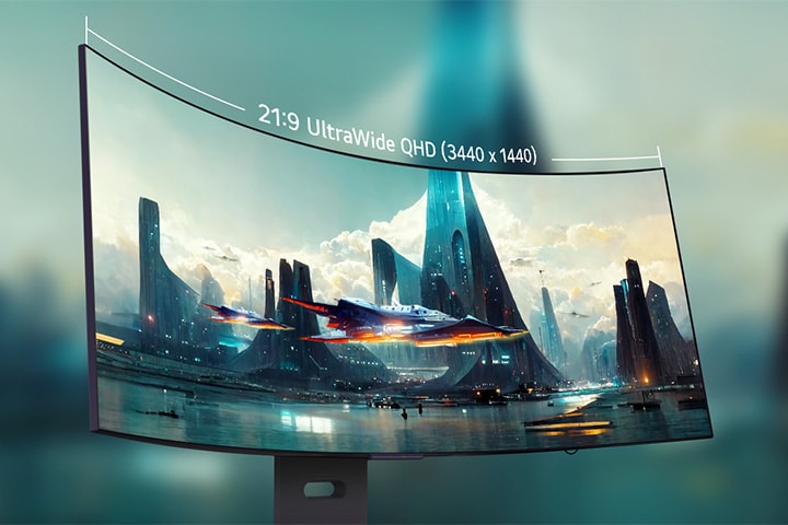 Monitor OLED curvo 21:9 con vista inmersiva y relación optimizada.