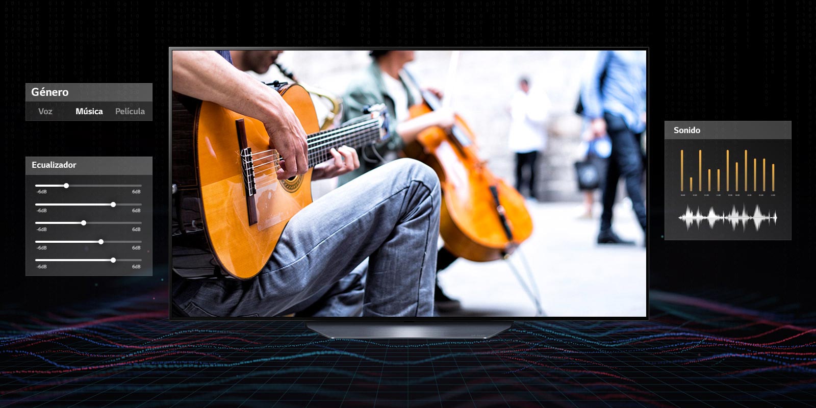Una pantalla de televisión que muestra a un hombre tocando una guitarra sobre un fondo oscuro. En los laterales del televisor hay diferentes ajustes de audio y delante se encuentran líneas de colores para visualizar las ondas sonoras.