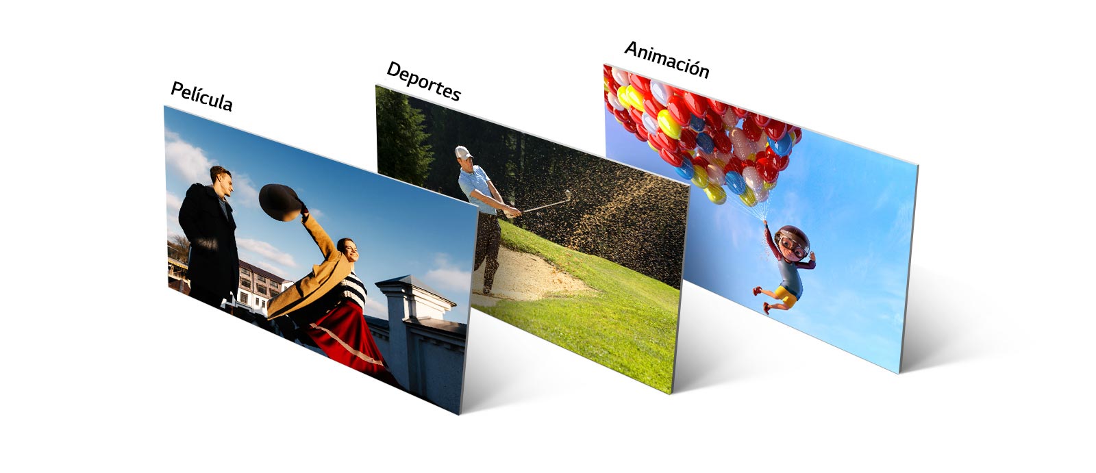 Una escena de película, un juego de golf y una animación se muestran alineadas vertical y oblicuamente.