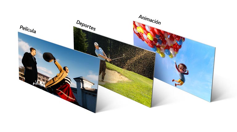 Una escena de película, un juego de golf y una animación se muestran alineadas vertical y oblicuamente.
