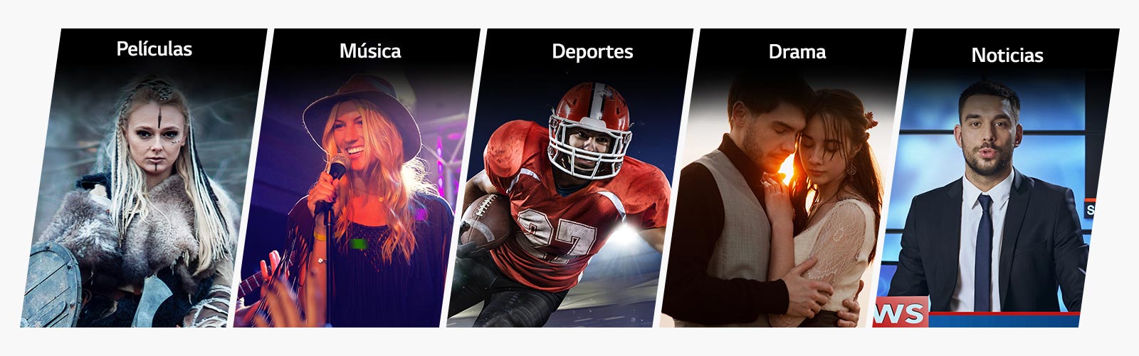 Cinco títulos verticales para películas, música, deportes, drama y noticias.