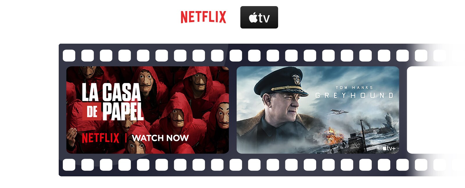Los logos de Netflix y Apple TV están distribuidos en línea horizontalmente. Debajo de los logos, un póster de La Casa de Papel de Netflix y Enemigos bajo el mar de Apple TV también están distribuidos en línea horizontalmente.
