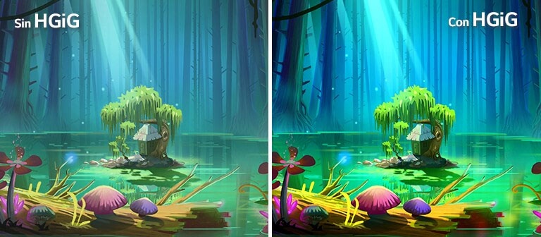 Una imagen animada, una casita y un árbol en un pequeño terreno que está en medio de un estanque rodeado de árboles altos y desnudos, con el texto "Con HGIG" en la parte superior derecha es más brillante y de mejor calidad de imagen en comparación con la que no tiene HGiG.