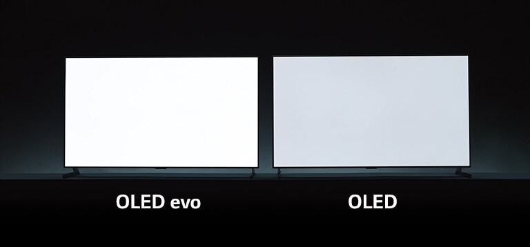 Una comparativa del brillo del TV entre OLED evo y OLED. Un televisor con OLED evo muestra una imagen en blanco más brillante que un televisor con OLED.