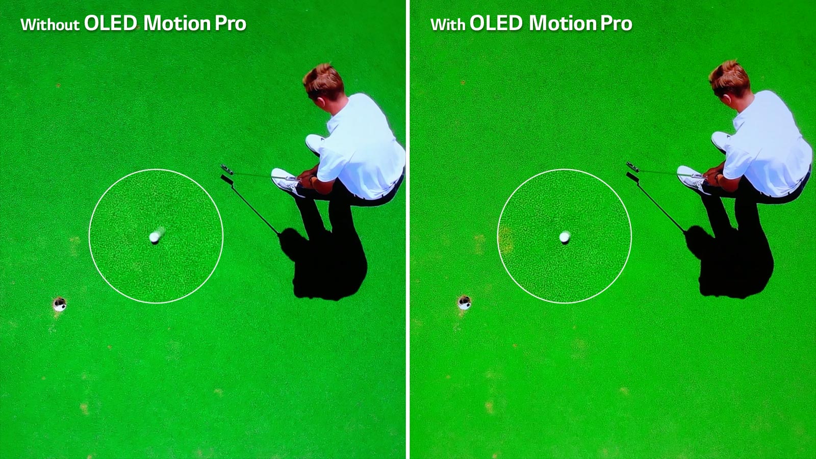 Una imagen de un jugador de golf que golpea una pelota de golf en el hoyo y un primer plano de una pelota de golf desenfocada se encuentra a la izquierda con el texto "Sin OLED Motion Pro" en la parte superior izquierda de la imagen. Una imagen de un jugador de golf que golpea una pelota de golf en el hoyo y un primer plano de una pelota de golf más clara se encuentra a la izquierda con el texto "Con OLED Motion Pro" en la parte superior izquierda de la imagen.