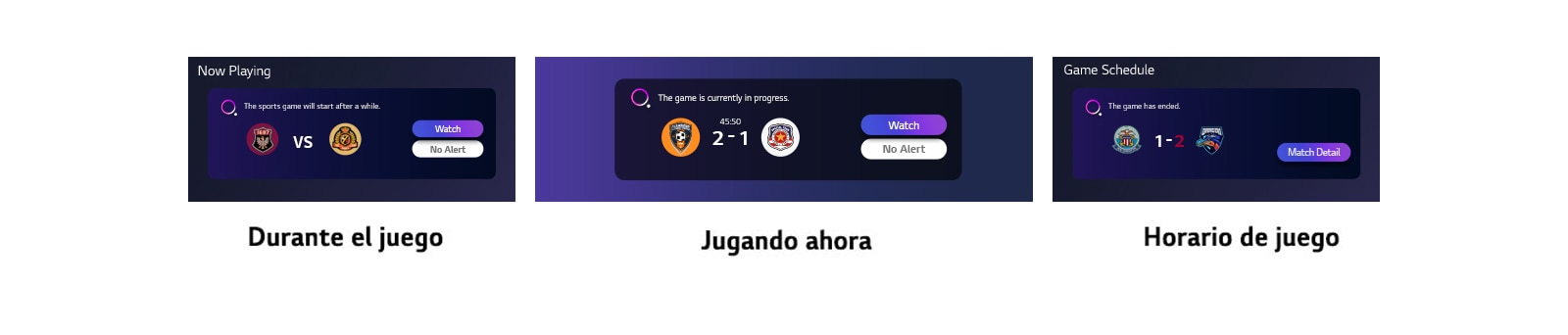Los diferentes tipos de notificaciones sobre resultados, accesorios y horas de inicio se enumeran horizontalmente debajo de la imagen.