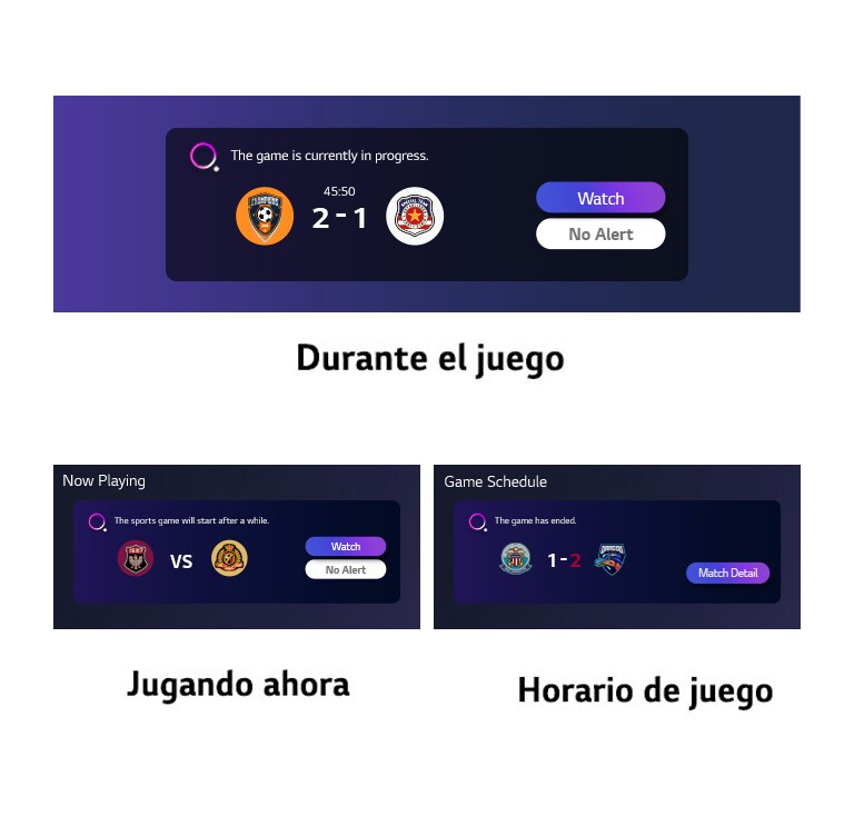Los diferentes tipos de notificaciones sobre resultados, accesorios y horas de inicio se enumeran horizontalmente debajo de la imagen.