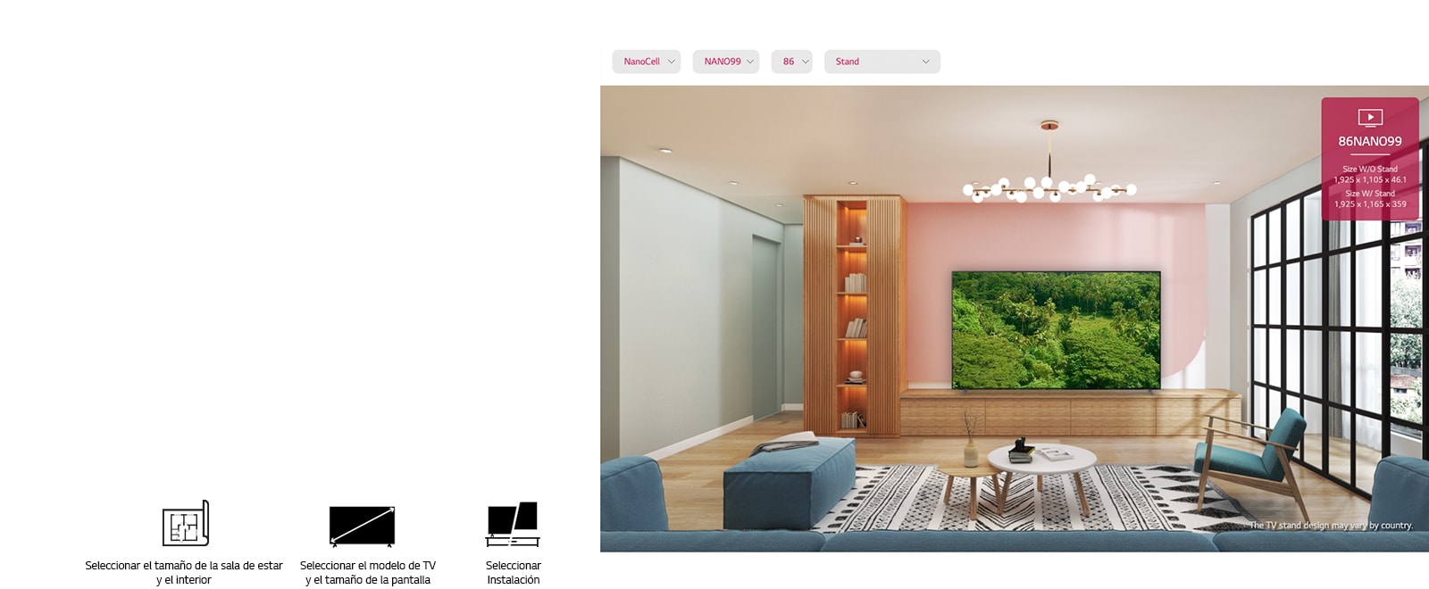 Un televisor de pantalla plana grande montado contra una pared rosa rodeado de muebles naturales. La pantalla muestra un bosque frondoso.