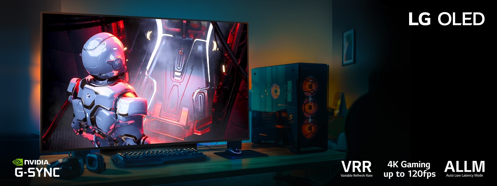 Vemos una pantalla LG OLED conectada a una PC gamer de escritorio, mostrando un videojuego.