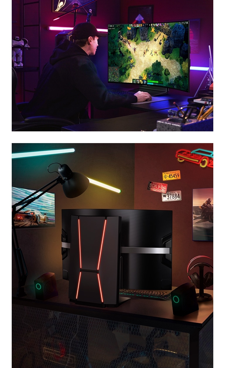Dos entornos de juego diferentes con una televisión LG OLED Flex sobre el escritorio. En uno, se ve a un jugador utilizando el LG OLED Flex para jugar un videojuego. En el otro, se muestra la parte trasera de la televisión LG OLED Flex. Desde este ángulo, se destaca la curvatura de la pantalla de la televisión.