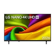 LG Smart TV LG NANO 4K UHD AI NU85 de 43 pulgadas 2026, La vista frontal de LG NANO 4K UHD AI NU85, lanzada en 2026, llena la pantalla con capas suaves y fluidas de texturas de colores vivos, similares a las telas, a medida que los pliegues multicolores cu, 43NU850BPSA, thumbnail 1