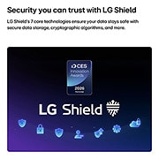 LG Smart TV LG NANO 4K UHD AI NU85 de 43 pulgadas 2026, LG Shield, aplicado a la LG QNED evo AI QNED85, se muestra con el logotipo de LG Shield en el centro, los íconos de seguridad abajo y la insignia de los Premios a la Innovación CES 2026 arriba, lo que, 43NU850BPSA, thumbnail 7