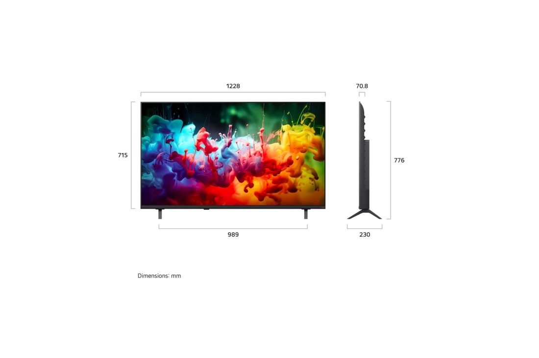 LG 55'' LG QNED AI QNED70 Mini LED 4K Smart TV 2026, LG QNED AI QNED70 Mini LED shown in front and side views highlights a 55-inch display with a 1228 mm-wide screen, 715 mm screen height, 776 mm height with stand, a 70.8 mm profile depth, and a stand f, 55QNED70BSA, thumbnail 2