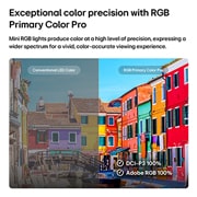 LG 65'' LG Mini RGB evo AI MRGB85 4K Smart TV 2026, RGB Primary Color Pro, utilizado en LG Mini RGB evo AI MRGB85, presenta una imagen dividida que compara el color LED convencional a la izquierda con edificios más brillantes y saturados a la derecha, , 65MRGB85BSC, thumbnail 5