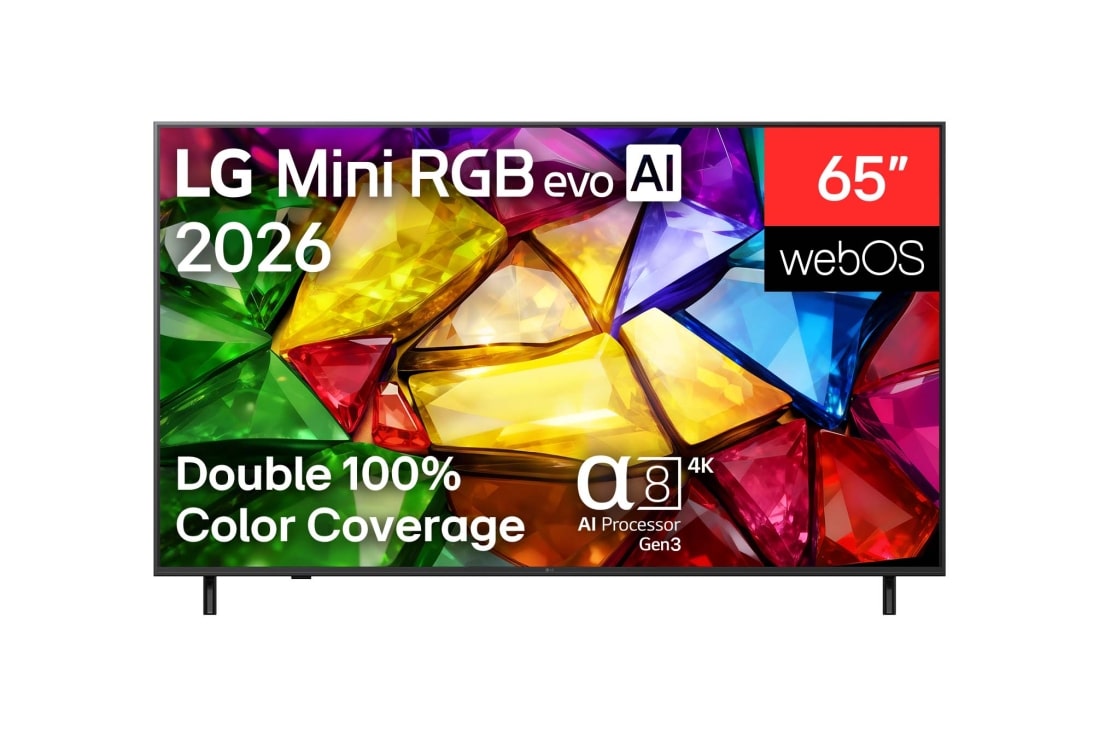 LG 65'' LG Mini RGB evo AI MRGB85 4K Smart TV 2026, La vista frontal de LG Mini RGB evo AI MRGB85, lanzada en 2026, muestra una imagen cristalina de facetas multicolores claramente definidas, con una pantalla de 75 pulgadas, webOS, doble cobertura de c, 65MRGB85BSC, thumbnail 2