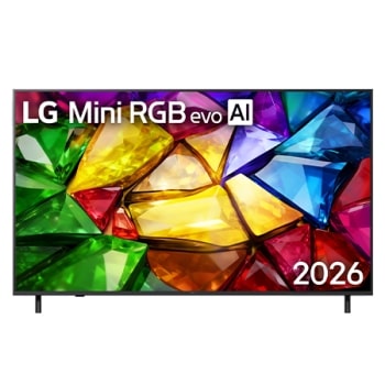 La vista frontal de LG Mini RGB evo AI MRGB85, lanzada en 2026, presenta un bisel negro delgado con pies cortos, mientras que una imagen vívida y cristalina de facetas multicolores nítidamente definid1