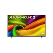 LG 75'' NANO 4K UHD AI NU85 Smart TV 2026, La vista frontal de LG NANO 4K UHD AI NU85, lanzada en 2026, llena la pantalla con capas suaves y fluidas de texturas de colores vivos, similares a las telas, a medida que los pliegues multicolores cu, 75NU850BPSA, thumbnail 1
