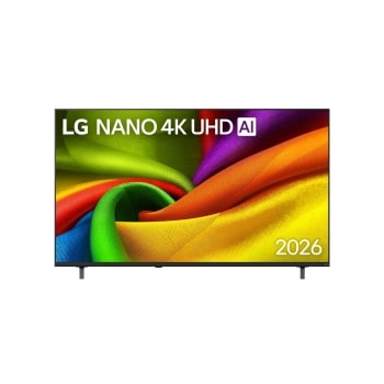 La vista frontal de LG NANO 4K UHD AI NU85, lanzada en 2026, llena la pantalla con capas suaves y fluidas de texturas de colores vivos, similares a las telas, a medida que los pliegues multicolores cu1