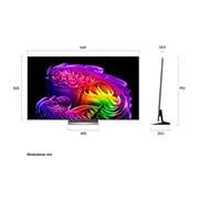 LG 65'' LG OLED evo AI G6 4K Smart TV 2026, LG OLED evo AI G6 shown in front and side views highlights an 83-inch display with a 1847 mm-wide screen, 1057 mm screen height, 1115 mm height with stand, a 28 mm depth, and a stand footprint measuri, OLED65G6PSA, thumbnail 2
