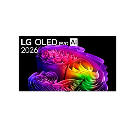 The front view of LG OLED evo AI G6, released in 2026, features a slim black bezel, with a vivid, sculptural image of richly layered, multicolored forms filling the screen.1