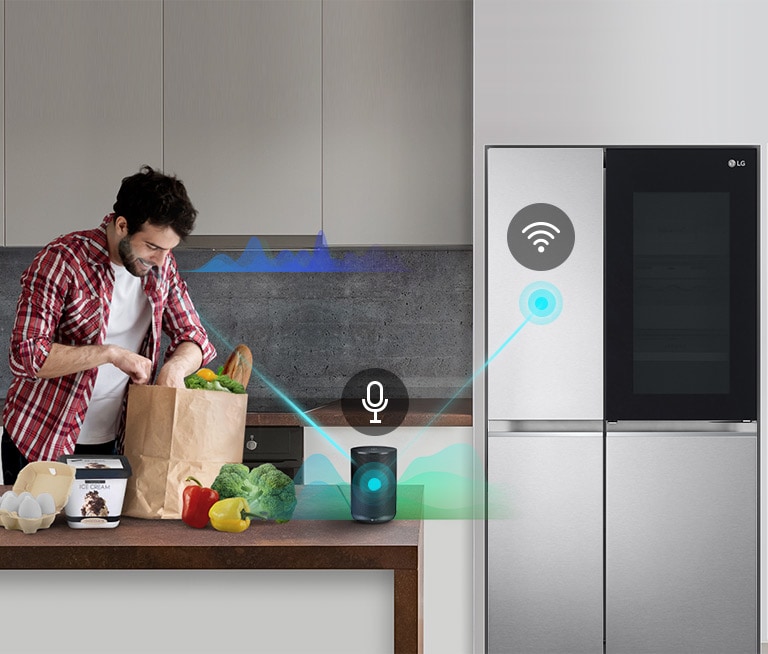 Un hombre le pide al altavoz de IA que "encienda el congelamiento rápido", con líneas conectando el altavoz al refrigerador.