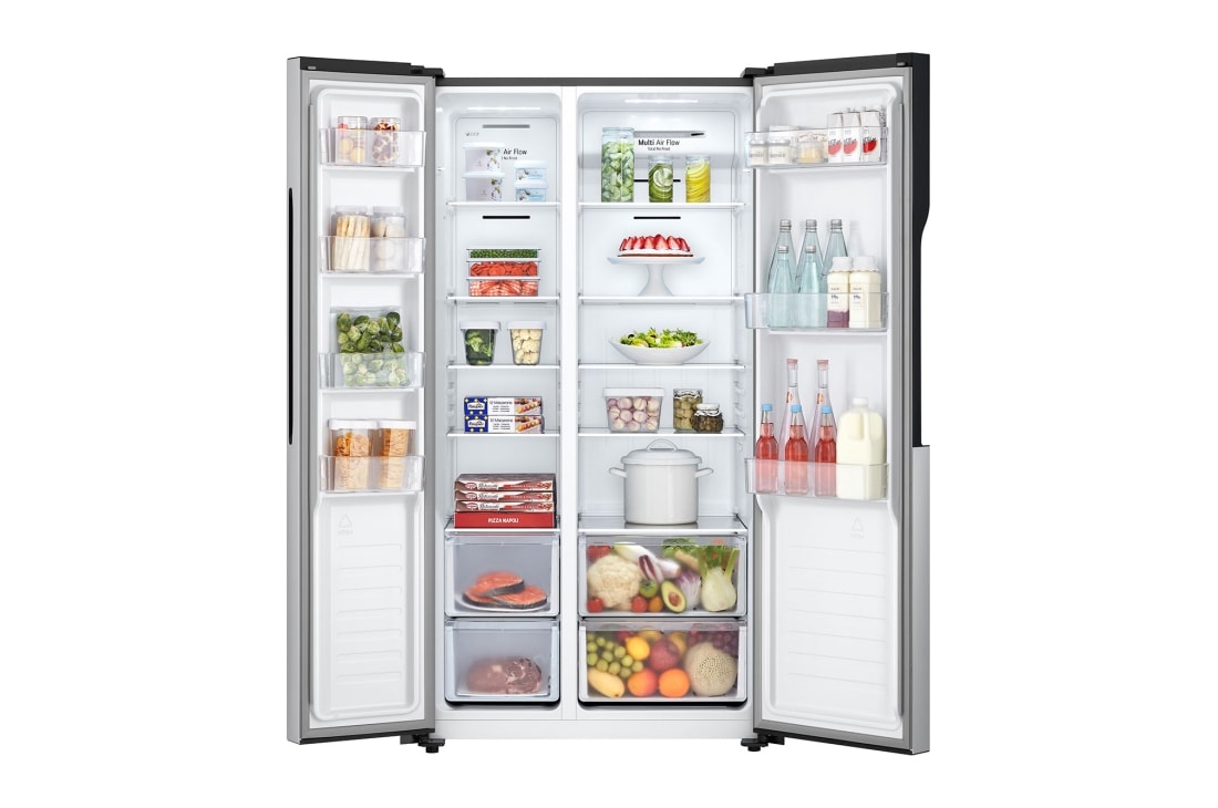 LG Refrigeradora Side by Side 18pᶟ Inverter Pantalla Led Táctil Platinum Silver, Vista Frontal de la Refrigeradora LG GS51BPP Comida abierta en el frente, GS51BPP, thumbnail 2