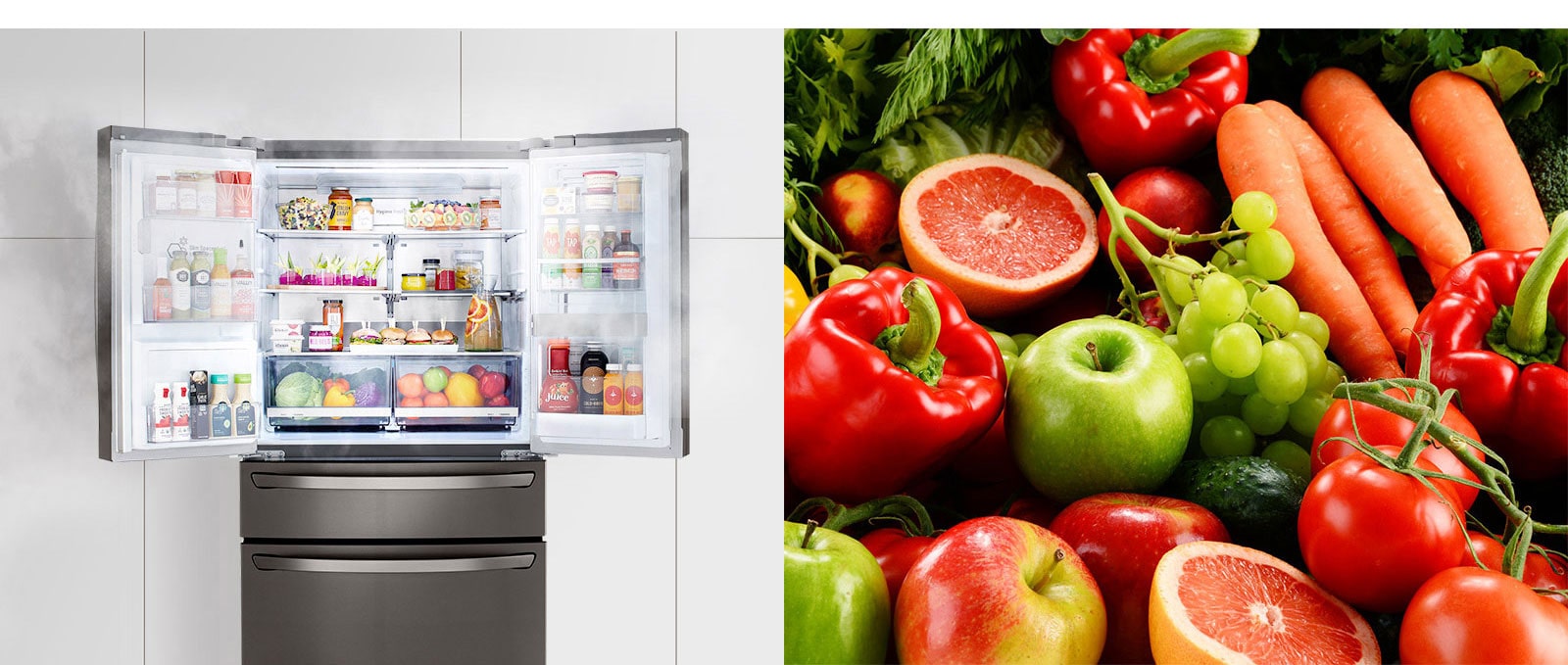 La primera imagen muestra la nevera con las dos puertas superiores abiertas