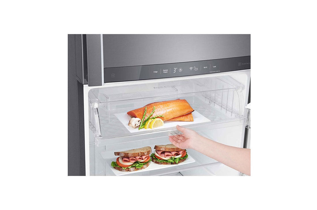 LG Refrigeradora Top Freezer 17pᶟ (Gross) / 16pᶟ (Net) Smart Inverter Acero Brillante ThinQ™, restive view, GT47SGP, thumbnail 4