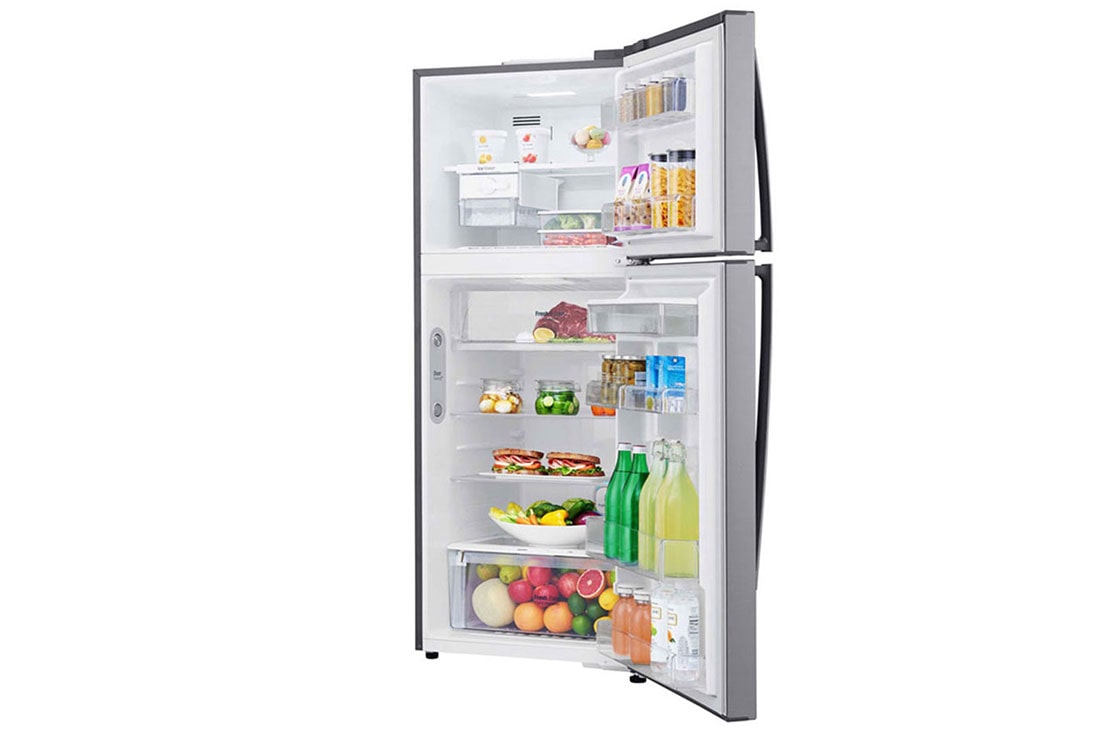 LG Refrigeradora Top Freezer 17pᶟ (Gross) / 16pᶟ (Net) Smart Inverter Acero Brillante ThinQ™, side view with content, GT47SGP, thumbnail 10