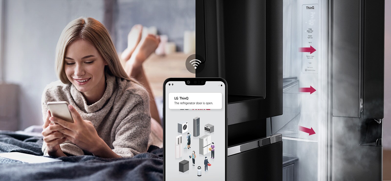 Mujer en la cama con su teléfono. Segunda imagen muestra la puerta del refrigerador abierta, destacando el control remoto.