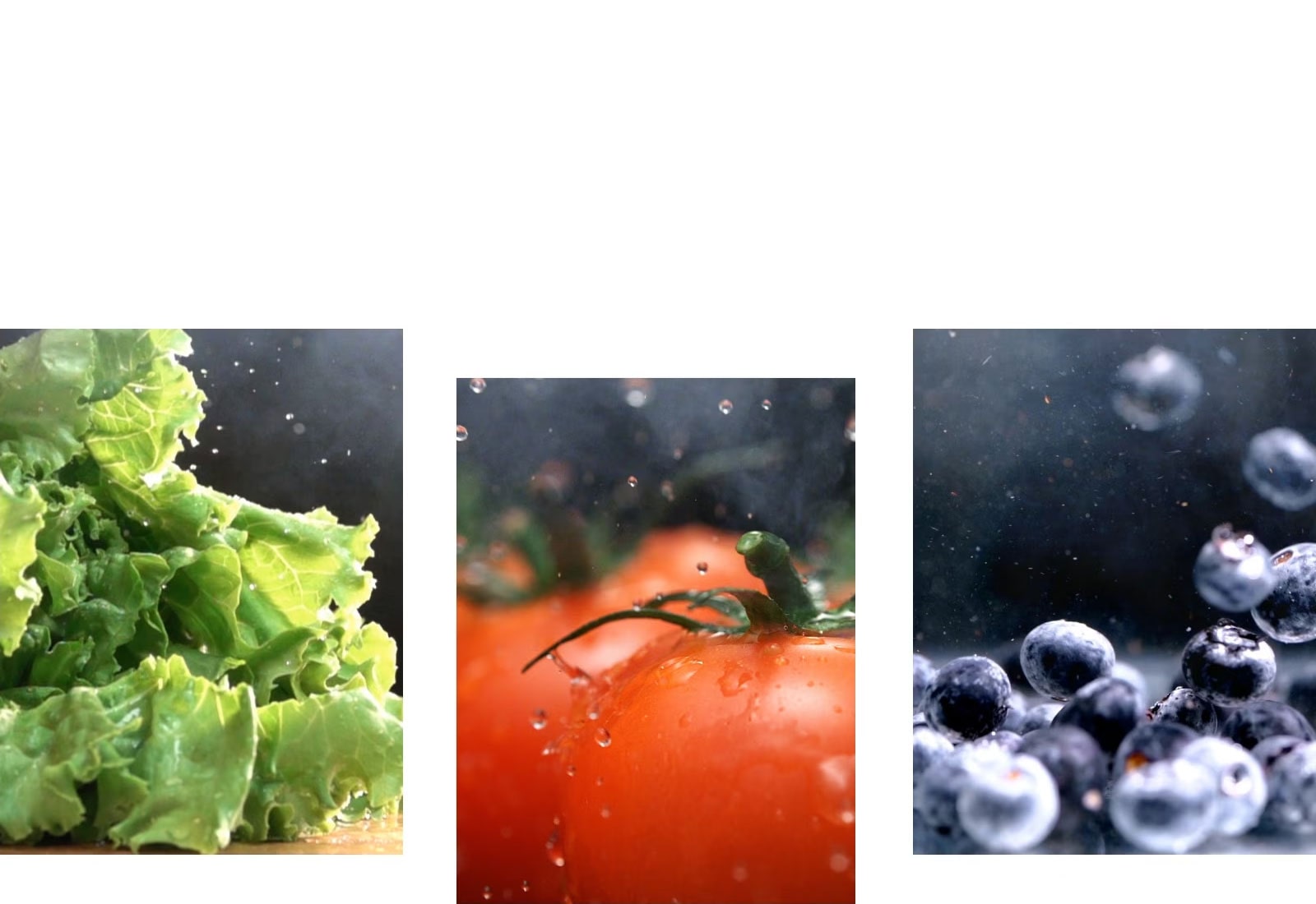 Un video muestra agua goteando de una lechuga, tomates frescos y arándanos brillantes.