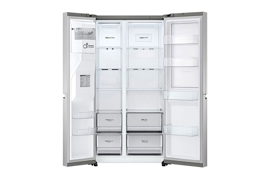 LG Refrigeradora Side by Side 22.5pᶟ (Net) / 23.8pᶟ (Gross) Door-in-Door™ Dispensador UVnano™ ThinQ™, vista frontal abierta con alimentos, LS66SDS, thumbnail 7