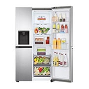 LG Refrigeradora Side by Side 27.1pᶟ (NET) / 28.7pᶟ (Gross)  Door-in-Door™ ThinQ™ UVnano™, vista frontal derecha abierta con alimentos, LS77SDS, thumbnail 9