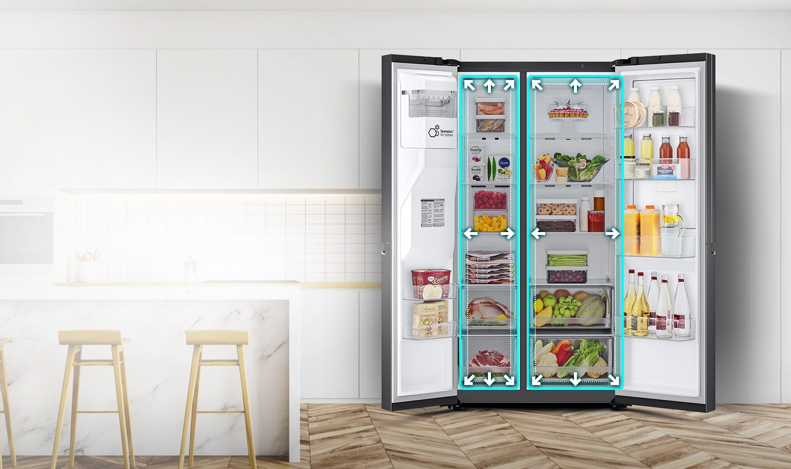 Video de refrigerador con puertas abiertas, espacio ampliado con neón y flechas, cambio resaltado con líneas punteadas.