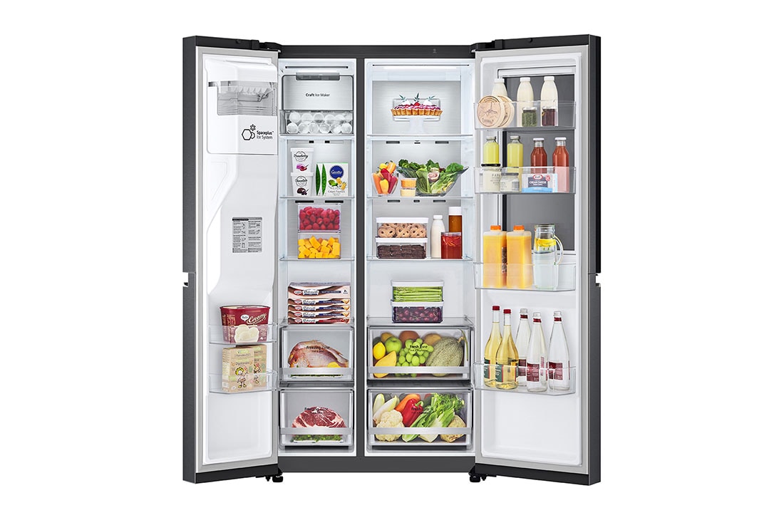 LG Refrigeradora Side By Side 22.4pᶟ (Net) / 24pᶟ (Gross) ThinQ™ Door-in-Door™ Craft Ice™ Negro Mate, luz delantera encendida con vista de los alimentos, LS66SXTC, thumbnail 2