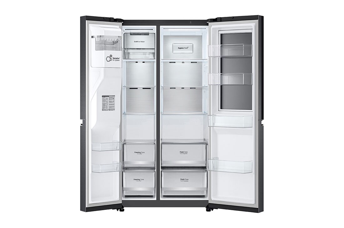 LG Refrigeradora Side By Side 22.4pᶟ (Net) / 24pᶟ (Gross) ThinQ™ Door-in-Door™ Craft Ice™ Negro Mate, vista frontal derecha abierta de alimentos, LS66SXTC, thumbnail 9