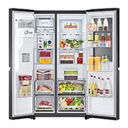 LG Refrigeradora Side By Side 22.4pᶟ (Net) / 24pᶟ (Gross) ThinQ™ Door-in-Door™ Craft Ice™ Negro Mate, luz delantera encendida con vista de los alimentos, LS66SXTC, thumbnail 2