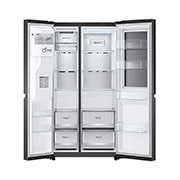 LG Refrigeradora Side By Side 22.4pᶟ (Net) / 24pᶟ (Gross) ThinQ™ Door-in-Door™ Craft Ice™ Negro Mate, vista frontal derecha abierta de alimentos, LS66SXTC, thumbnail 9