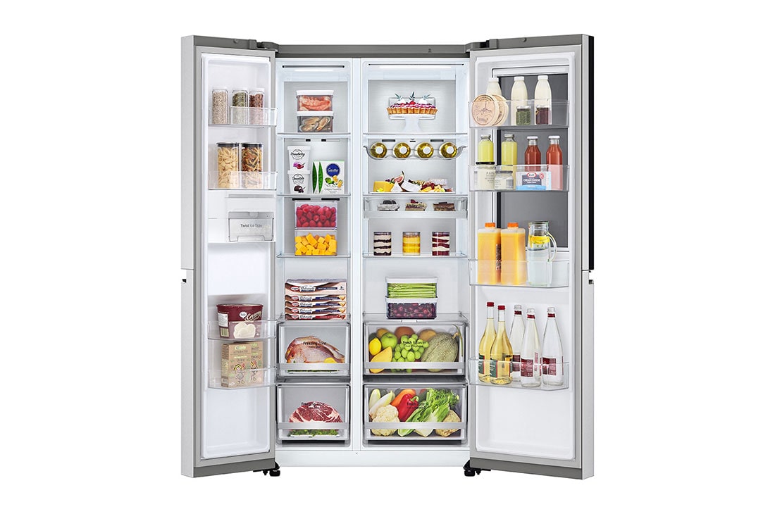 LG Refrigerador Side By Side LG LS66MXN | LINEARCOOLING™ | 24.5 P<sup>3</sup> | Brushed Steel, vista frontal abierta de la comida, LS66MXN, thumbnail 2