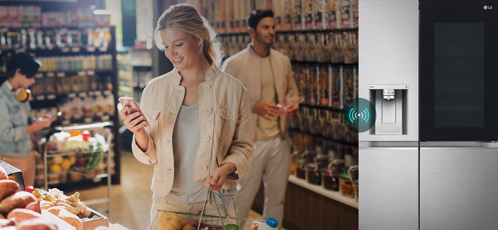 On the left, a woman with her phone; on the right, the refrigerator. In the center, a connection icon.