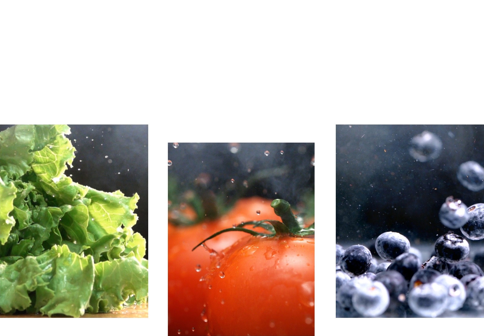 Un video muestra agua goteando de una lechuga, tomates frescos y arándanos brillantes.