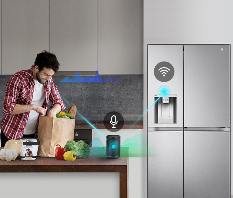 Un hombre le pide al altavoz de IA que "encienda el congelamiento rápido", con líneas conectando el altavoz al refrigerador.